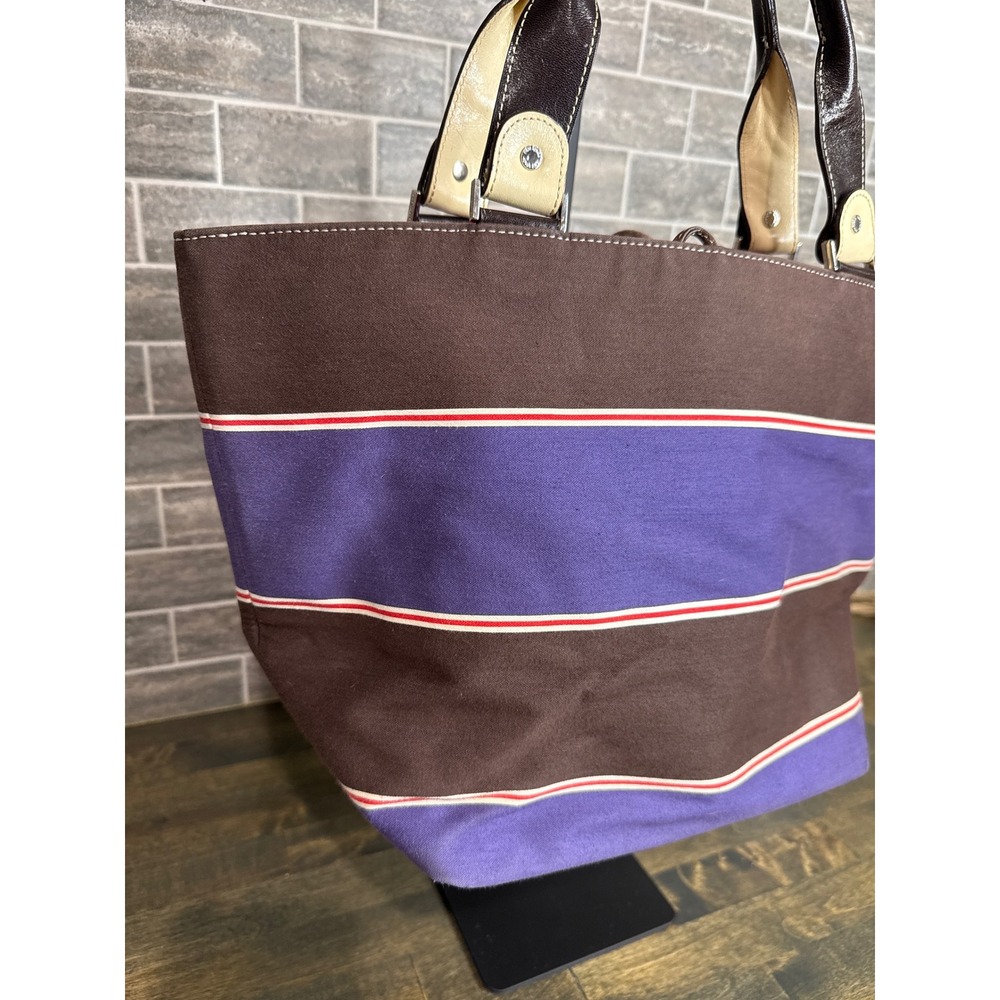 Kate Spade New York Striped Canvas Tote Bag Brown Purple Leather Trim Large - Picture 2 of 12